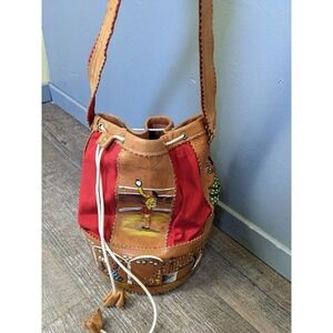 Vintage Spanish Leather Bucket Purse, Hand Painted Mid Century Handbag